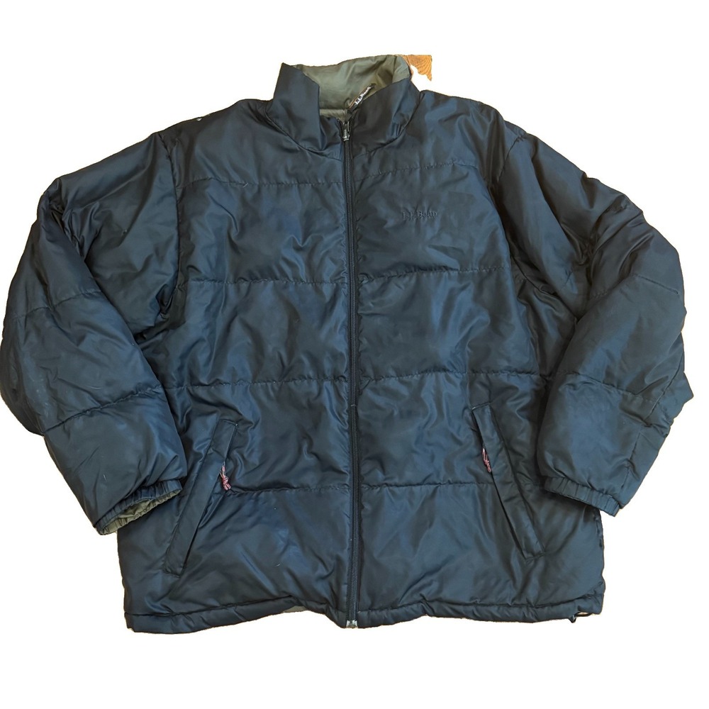 LL Bean Reversible Goose Down Puffer Jacket Black Brown Mens XL 0VC64